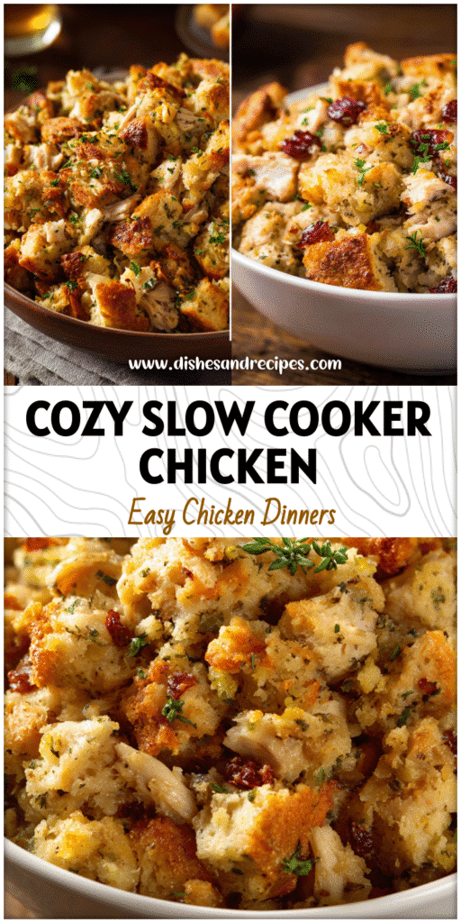 Bowl of slow-cooked chicken and stuffing inspiring easy Crockpot dishes and Recetas De Cena ideas